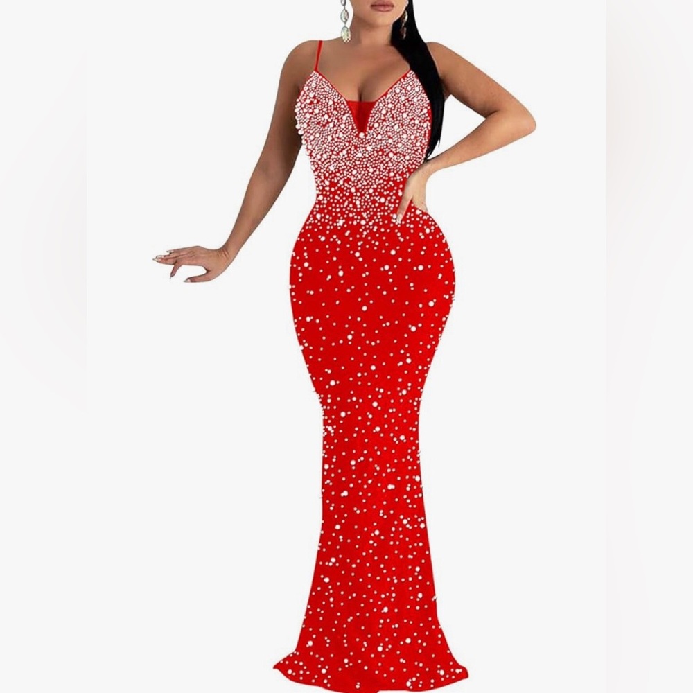Scarlet red rhinestone and pearl maxi
